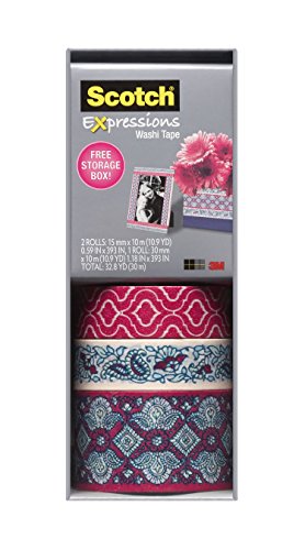 0051141389547 - SCOTCH EXPRESSIONS WASHI TAPE, MULTI-PACK WITH STORAGE BOX, PINK/FLOWER/PINK LACE, 3 ROLLS (C317-3PK-QUAT)