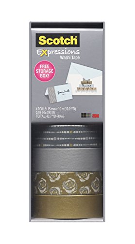 0051141389554 - SCOTCH EXPRESSIONS WASHI TAPE, MULTI-PACK WITH STORAGE BOX, SILVER AND GOLD, 4 ROLLS (C317-4PK-SILGD)