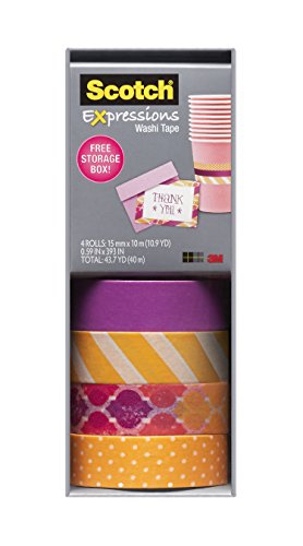 0051141389561 - SCOTCH EXPRESSIONS WASHI TAPE, MULTI-PACK WITH STORAGE BOX STRIPES, DOTS AND SUNSET, 4 ROLLS (C317-4PK-STRP)