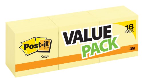 0051141915159 - POST-IT NOTES, 3 IN X 3 IN, CANARY YELLOW, 14 PADS/PACK + 4 FREE PADS, 18 PADS TOTAL, 100 SHEETS/PAD