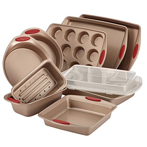 0051153524103 - RACHAEL RAY 10-PIECE CUCINA NONSTICK BAKEWARE SET, LATTE BROWN WITH CRANBERRY RED HANDLE