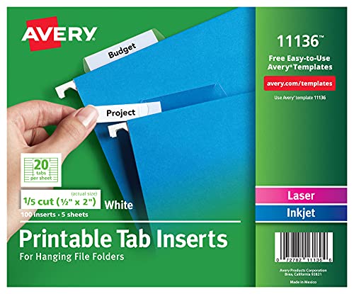 5147841729723 - AVERY PRINTABLE TAB INSERTS FOR HANGING FILE FOLDERS, 1/2 X 2, 1/5 CUT, WHITE, 100 INDEX TAB INSERTS