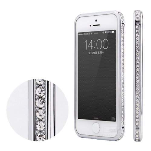 0521345047630 - MOON MONKEY DIAMOND CRYSTAL BLING ALUMINUM METAL BUMPER HARD GOLD CASE COVER FOR IPHONE 5 5S (SILVER)
