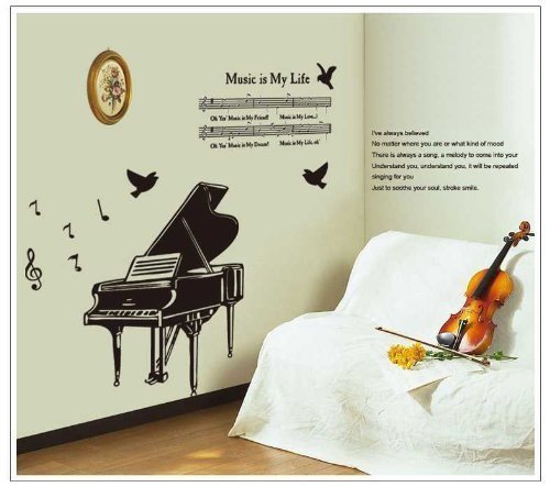 0522425399410 - 1 X FREE WILL BLACK PIANO WITH MUSIC SCORE AND LYRIC BIRDS WALL STICKER FOR SITTING ROOM OR KIDS' ROOM DECOR