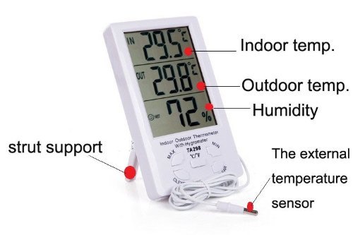 0522529712542 - BESTFIRE® NEW DURABLE LARGE LCD DIGITAL DISPLAY MAX-MIN TEMPERATURE HUMIDITY METER THERMOMETER HYGROMETER INDOOR / OUTDOOR WITH MIN/ MAX AND CLOCK WITH 1.5M SENSOR WIRE TA-298 (WHITE)