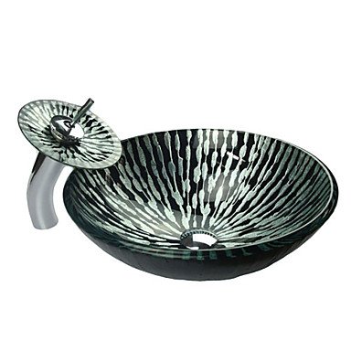 5263222322410 - STRIPE PATTERN TEMPERED GLASS BATHROOM SINK SET (WITH WATERFALL FAUCET, MOUNTING RING AND WATER DRAIN)
