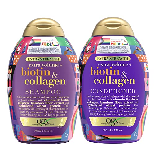 0052800681378 - OGX THICK & FULL + BIOTIN & COLLAGEN EXTRA STRENGTH VOLUMIZING SHAMPOO + CONDITIONER WITH VITAMIN B7 & HYDROLYZED WHEAT PROTEIN FOR FINE HAIR, 13 FL OZ, PACK OF 2