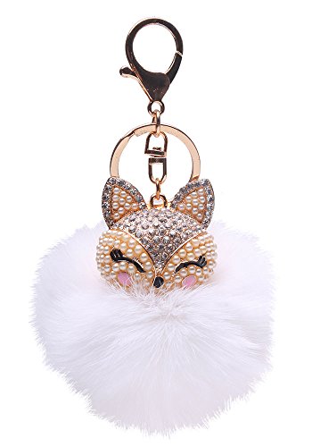 5296800809409 - GENERIC REAL FOX FUR BALL WITH ARTIFICIAL FOX HEAD INLAY PEARL RHINESTONE KEY CHAIN FOR WOMENS BAG OR CELLPHONE OR CAR PENDANT (WHITE)