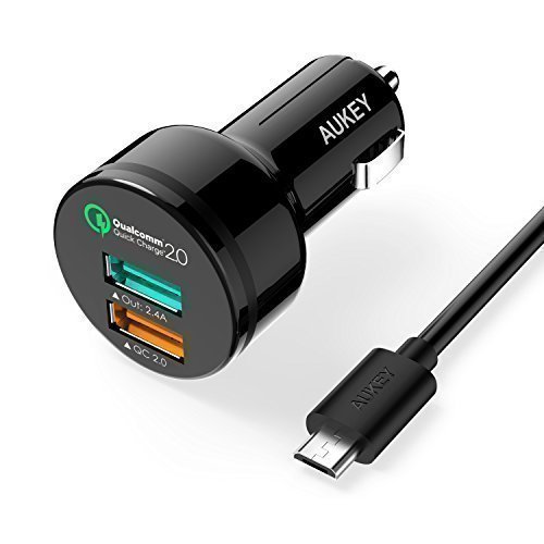 0531621665885 - CAR CHARGER, AUKEY 30W 2-PORT USB CAR CHARGER WITH QUALCOMM QUICK CHARGE 2.0 TECHNOLOGY & AIPOWER ADAPTIVE CHARGING TECHNOLOGY; INCLUDES A 3.3FT QUICK CHARGE MICRO USB CABLE - BLACK