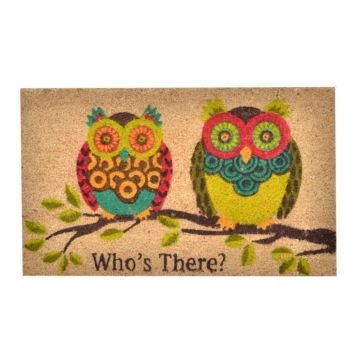 0053176482194 - HOME DECOR COLORFUL RUBBER WHO'S THERE? OWLS DOORMAT - 30L X 18H