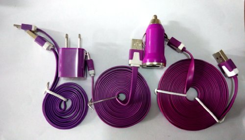 0532092573815 - WILLLIGHT 5 IN 1 CHARGING KIT INCLUDES 3FT+6FT+9FT FLAT NOODLE MICRO USB CHARGING / DATA SYNC CORD + USB CAR ADAPTER + AC WALL ADAPTER CHARGER FOR SAMSUNG GALAXY S2 S3 -PURPLE