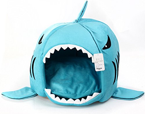 0533488504468 - ZETE CUTE COLOR SHARK ROUND HOUSE PUPPY DOG CAT HOUSE WITH PET BED MAT SMALL TO MEDIUM (M, BLUE)