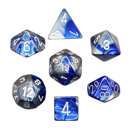 0534262029146 - POLYHEDRAL 7-DIE GEMINI CHESSEX DICE SET - BLUE-STEEL WITH WHITE CHX-26423