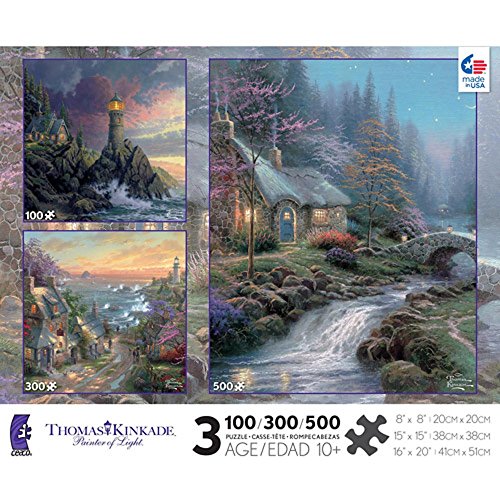 5425637158156 - THOMAS KINCADE PAINT OF LIGHT 100/300/500 PIECE JIGSAW PUZZLES - INCLUDES ONE 100 PC. ROCK OF SALVATION, ONE 300 PIECE THE VILLAGE LIGHTHOUSE, AND ONE 500 PIECE TWILIGHT COTTAGE