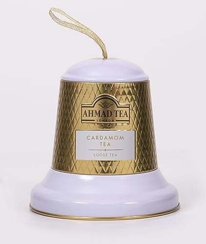 0054881026949 - AHMAD TEA GOLD AND WHITE ORNAMENT TEA BELL, HOLIDAY GIFTING, FESTIVE SPICE CARDAMOM LOOSE LEAF TEA, TEA TIN CADDY
