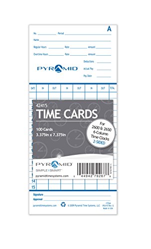 0548889912668 - PYRAMID 42415 GENUINE TIME CARDS FOR 2600 & 2650 AUTO ALIGNING TIME CLOCKS, 100/PK