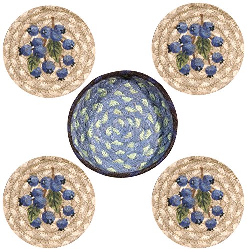 0054914022542 - EARTH RUGS 29-CB312B DESIGN ROUND JUTE BASKET WITH 4-PRINTED COASTERS, 5, BLUEBERRY