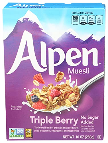 0055712350448 - ALPEN TRIPLE BERRY NO SUGAR ADDED MUESLI, SWISS STYLE MUESLI CEREAL, WHOLE GRAIN, NON-GMO PROJECT VERIFIED, HEART HEALTHY, KOSHER, VEGAN, MADE WITH REAL FRUIT, NO SUGAR ADDED, 14 OZ BOX