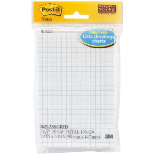 5775005831243 - POST-IT SUPER STICKY NOTES, 4 IN X 6 IN, WHITE WITH BLUE GRID, 2 PADS/PACK, 50 SHEETS/PAD (4621-2SSGRID)