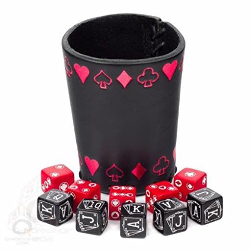 5907699491872 - Q-WORKSHOP: LEATHER DICE CUP - POKER DICE SET WITH RED SYMBOLS