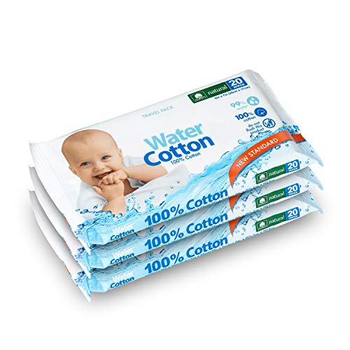 5908272617009 - WATERCOTTON BABY WIPES 100% COTTON BIODEGRADABLE TRAVEL 3-PACK OF 20 WIPES BABY SAFE SWEET ALMOND OIL, PANTHENOL