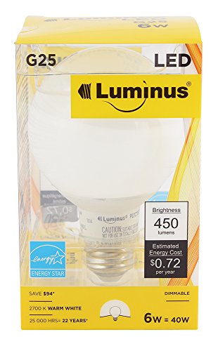 0059212872615 - LUMINUS PLYC1512 G25 6W 450-LUMEN WARM WHITE 2700K DIMMABLE LED LIGHT BULB