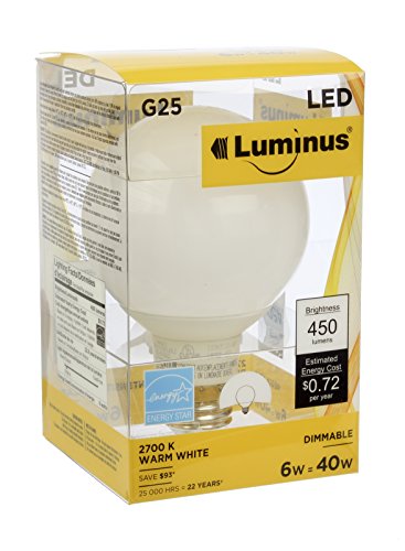 0059212872622 - LUMINUS PLYC1512 G25 6W 450 LM 2700K DIMMABLE LED LIGHT BULB (6 PACK), WARM WHITE