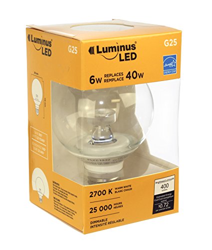 0059212872912 - LUMINUS PLYC1532 G25 CLEAR 6W 400 LM 2700K DIMMABLE LED LIGHT BULB (6 PACK), WARM WHITE