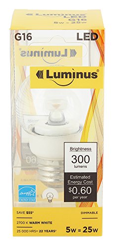 0059212873193 - LUMINUS PLYC1632 G16 CLEAR 5W 300-LUMEN WARM WHITE 2700K DIMMABLE LED LIGHT BULB