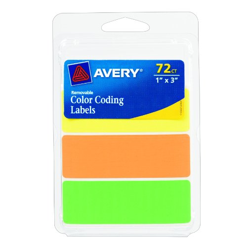 0599039330955 - AVERY RECTANGULAR COLOR CODING LABELS, 1 X 3 INCHES, ASSORTED, REMOVABLE, PACK OF 72