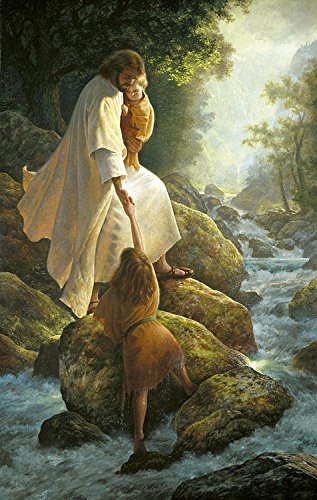 6000123029203 - 100% GENUINE REAL HAND PAINTED MALE PORTRAIT CHRIST JESUS WITH CHILD AND LITTLE GIRL BY STREAM CANVAS OIL PAINTING FOR HOME WALL ART DECORATION, NOT A PRINT/ GICLEE/ POSTER