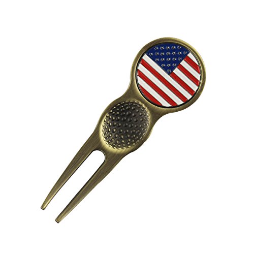 0600209396975 - ANTIQUE NICKEL GOLF MAGNETIC DIVOT PIVOT REPAIR TOOL WITH USA FLAG BALL MARKER (ANTIQUE BRASS)