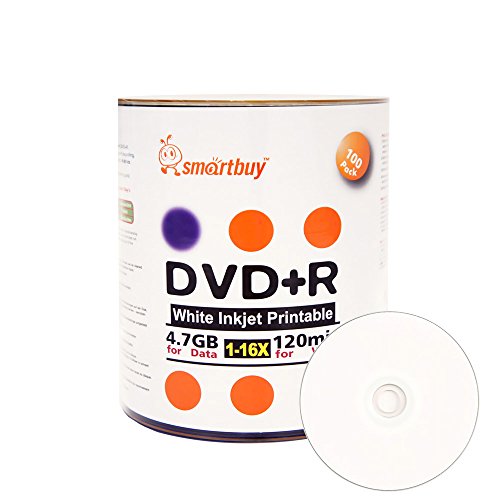 0600303619444 - SMART BUY 100 PACK DVD+R 4.7GB 16X WHITE PRINTABLE INKJET BLANK MEDIA RECORD DISC, 100 DISC 100PK