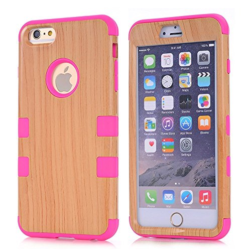 0600518997283 - IPHONE 6 CASE, 3 IN 1 HARD IMITATION WOOD DESIGN WITH MUITI-COLOR OPTION SILICONE SOFT HYBRID COVER CASE FOR 4.7 INCH APPLE IPHONE 6 (ROSE RED +BROWN)