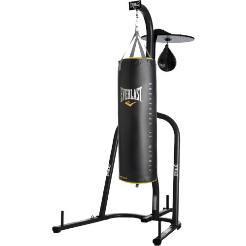 0600599369054 - EVERLAST DUAL STATION PUNCHING BAG STAND W/ 100 LB POWERCORE HEAVY BAG AND EVERH