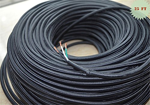 0600682741620 - FORTUNEWILL 25 FT 3-WIRE BLACK CLOTH COVERED 3-WIRE ROUND CORD. VINTAGE LAMPS LIGHTS, RAYON UL CERTIFICATED