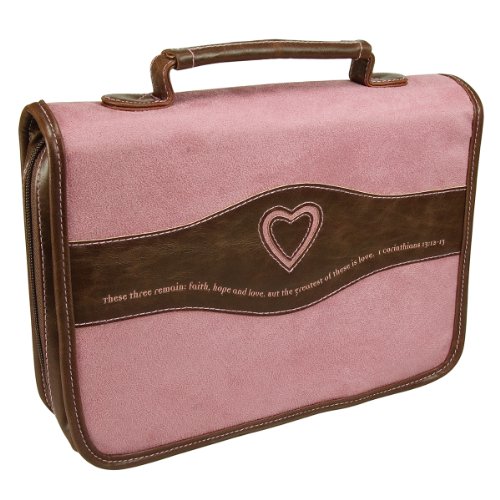 6006937096844 - SUEDE-LOOK PINK BIBLE / BOOK COVER W/HEART CUT-OUT - 1 CORINTHIANS 13:13 (LARGE)