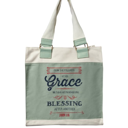 6006937116528 - RETRO BLESSINGS GRACE WASHED CADET BLUE CANVAS TOTE BAG - JOHN 1:16