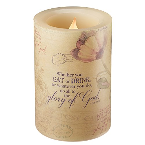 6006937132368 - FLORAL INSPIRATIONS COLLECTION FLICKERING FLAMELESS WAX PILLAR CANDLE (SMALL 4 X 5 7/8 INCH) - 1 CORINTHIANS 10:31