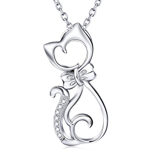0600978039578 - 925 STERLING SILVER PAVE ZIRCON POLISHED BOWKNOT CAT PENDANT NECKLACE,18