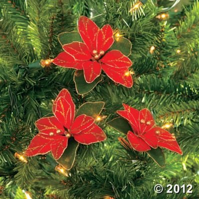 0601116346138 - (PACK OF 12) RED GLITTER POINSETTIA CHRISTMAS TREE ORNAMENTS