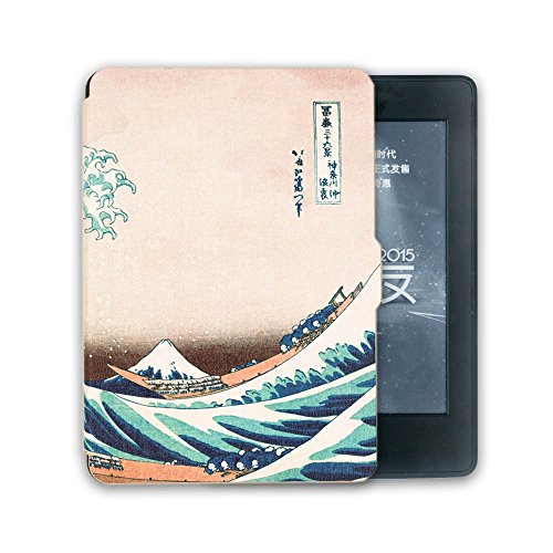 0601187089958 - KANDOUREN KINDLE VOYAGE CASE - GREAT WAVE ART SKIN,LIGHTED SLIM LEATHER COVER WITH SMARTSHELL AUTOWEEK FUNCTION,WHITE COLOR