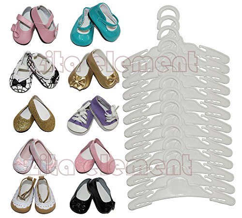 0601187399866 - ZITA ELEMENT DOLL ACCESSORY -LOT 15= 12 HANGER+3 RAMDON SHOES FIT FOR 18 INCH AMERICAN'S GIRL DOLL AND OTHER 18 INCHES DOLL CLOTHES- WHITE COLOR - SAFE NEW PP PLASTIC MATERIAL