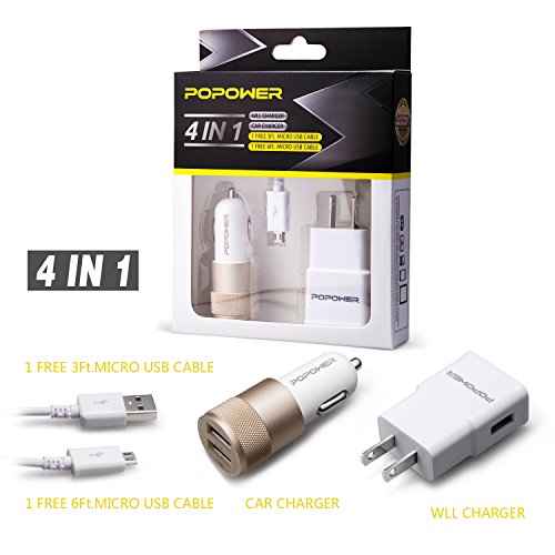 0601393996095 - POPOWER 4 IN 1 TRAVEL CHARGER KIT,CAR CHARGER 5V 2.1 AMP AND WALL CHARGER 5V 2.0 AMP KIT FOR SAMSUNG GALAXY S3 S4 S6 EDGE, GALAXY NOTE 4 EDGE, COMPATIBLE WITH LG, HTC(GOLD/WHITE)