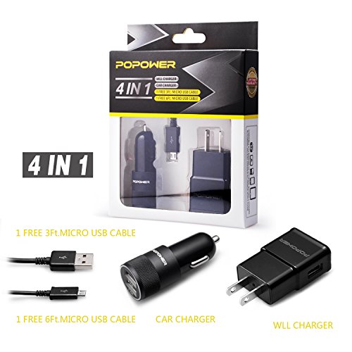 0601393996101 - POPOWER 4 IN 1 TRAVEL CHARGER KIT,CAR CHARGER 5V 2.1 AMP AND WALL CHARGER 5V 2.0 AMP KIT FOR SAMSUNG GALAXY S6 EDGE S4 S3, GALAXY NOTE 4 EDGE, COMPATIBLE WITH LG, HTC,MOTO(BLACK)