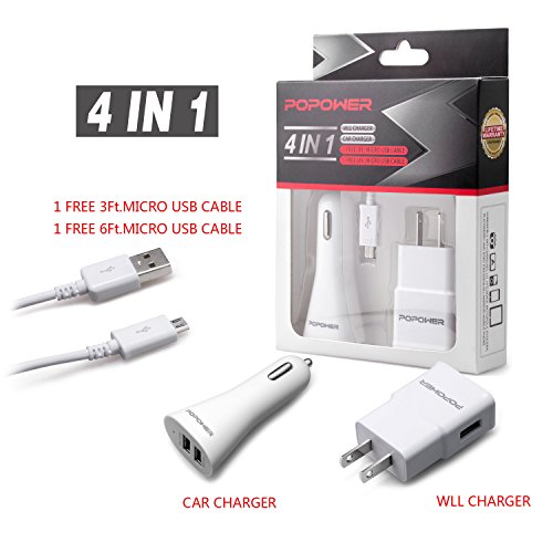 0601393996125 - POPOWER 4 IN 1 TRAVEL CHARGER SET,CAR CHARGER 5V 2.1 AMP AND WALL CHARGER 5V 2.0 AMP SET FOR SAMSUNG GALAXY S3 S4 S6, GALAXY NOTE 4 EDGE, COMPATIBLE WITH LG, HTC,MOTOROLA(BLACK)