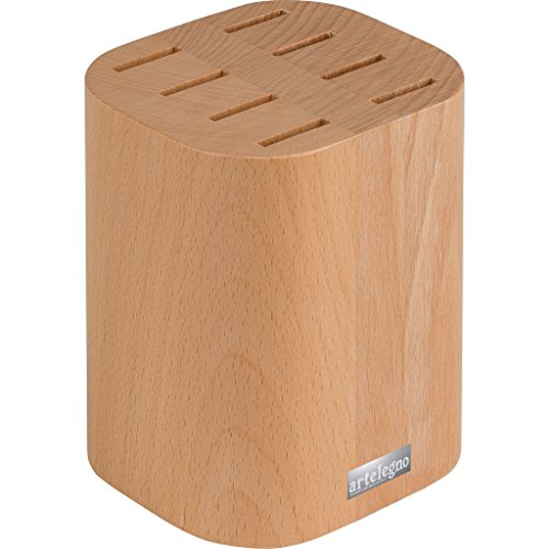 0601579032807 - ARTELEGNO SOLID BEECH WOOD 8 SLOT STEAK KNIFE BLOCK FOR BLADES UP TO 5, LUXURIOUS ITALIAN COLLECTION BY MASTER CRAFTSMEN DISPLAYS HIGH-END STEAK KNIVES ELEGANTLY, ECO-FRIENDLY -- NATURAL FINISH