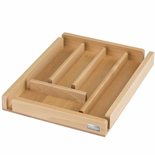 0601579033163 - ARTELEGNO SOLID BEECH WOOD 5 COMPARTMENT CUTLERY STORAGE OR FLATWARE HOLDER, LUXURIOUS ITALIAN COLLECTION BY MASTER CRAFTSMEN STORES HIGH-END EATING UTENSILS, ECO-FRIENDLY, NATURAL FINISH