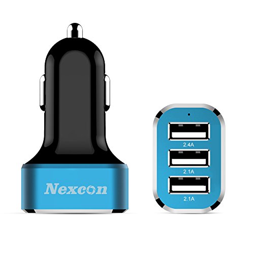 0601579062507 - CAR CHARGER, NEXCON 6.6A / 33W 3 USB PORTS CAR CHARGER WITH SMARTIC TECHNOLOGY - RAPID PORTABLE TRAVEL CHARGER FOR APPLE IPHONE 6S/6 6 PLUS, SAMSUNG GALAXY S6/S6 EDGE, ALL USB POWERED DEVICE, BLACK/BLUE