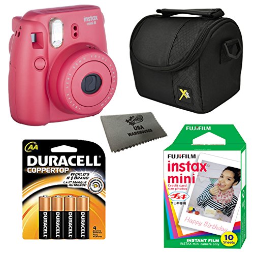 0602003744525 - FUJIFILM INSTAX MINI 8 INSTANT FILM CAMERA 5-IN-1 SET + FUJI FILM INSTANT FILM PACK (TOTAL 10 SHEETS) + COMPACT CAMERA CASE + PACK OF AA BATTERIES + LENS CLEANER CLOTH BUNDLE (RASPBERRY)